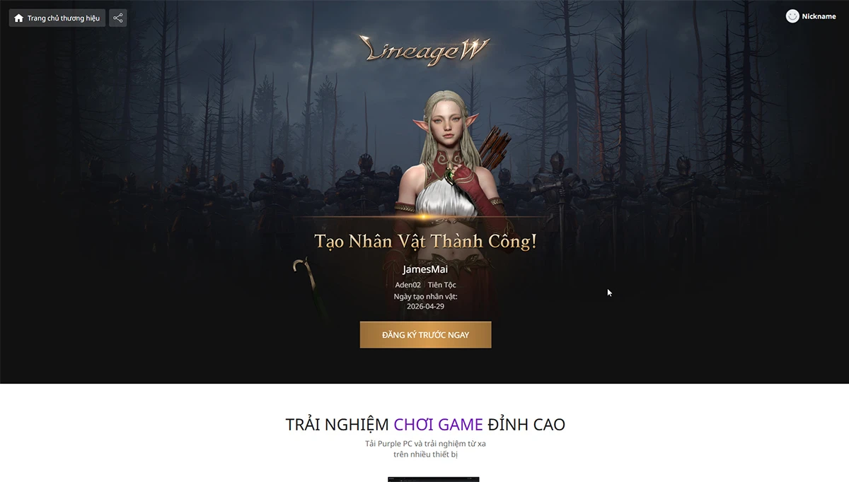 Lineage W mở đăng ký tạo trước nhân vật